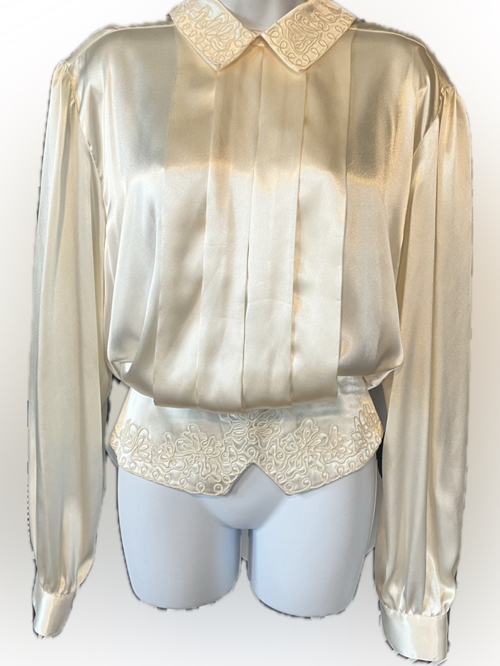 Ivory Satin Pleated Blouse with Embroidered Collar, Regency, XXL